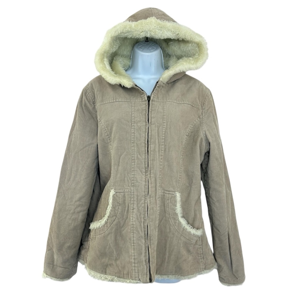 Deb Vintage 90s Y2K Tan Corduroy Jacket with Cream Faux Fur Trim L/XL
